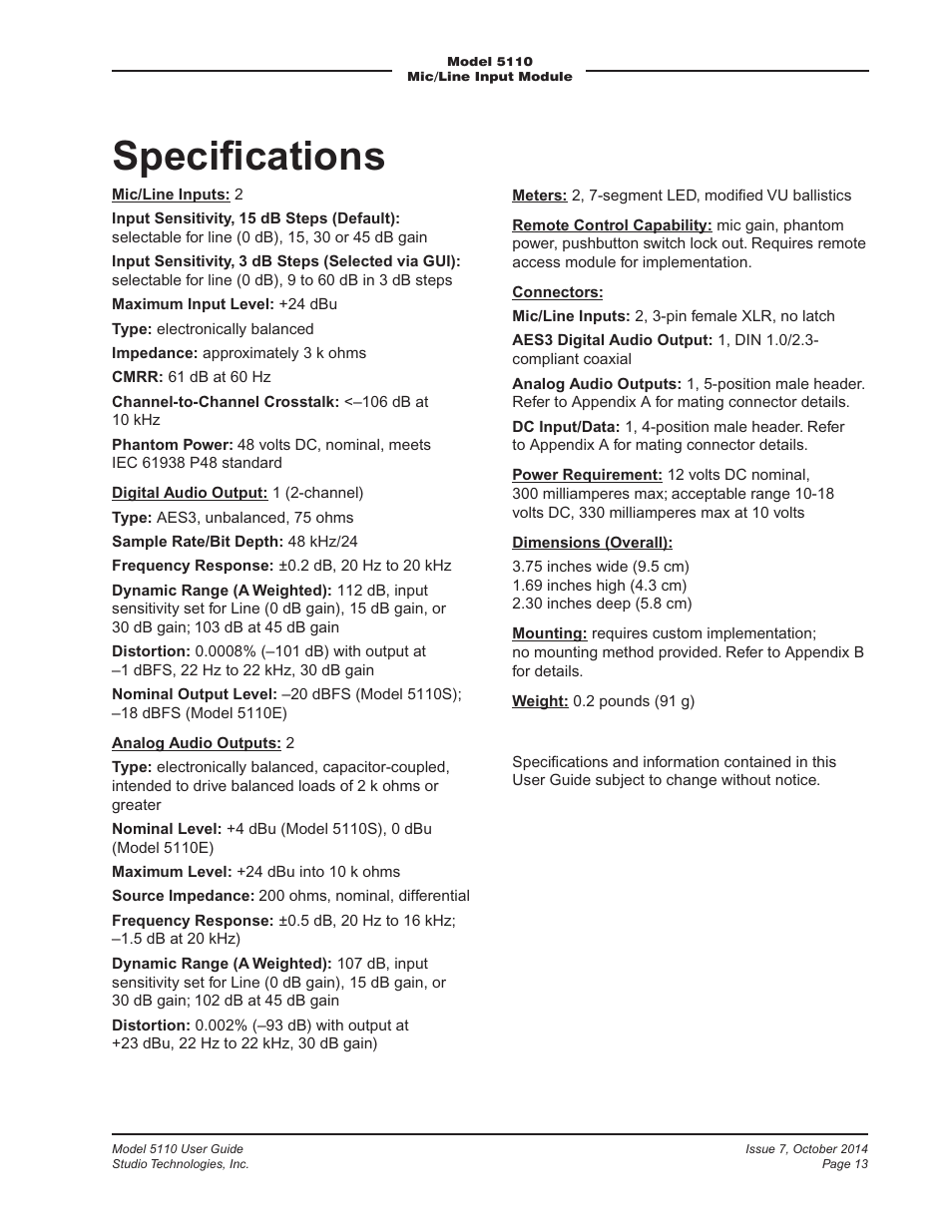 Speciﬁcations | Studio Technologies 5110 V.3.2 User Manual | Page 13 / 17