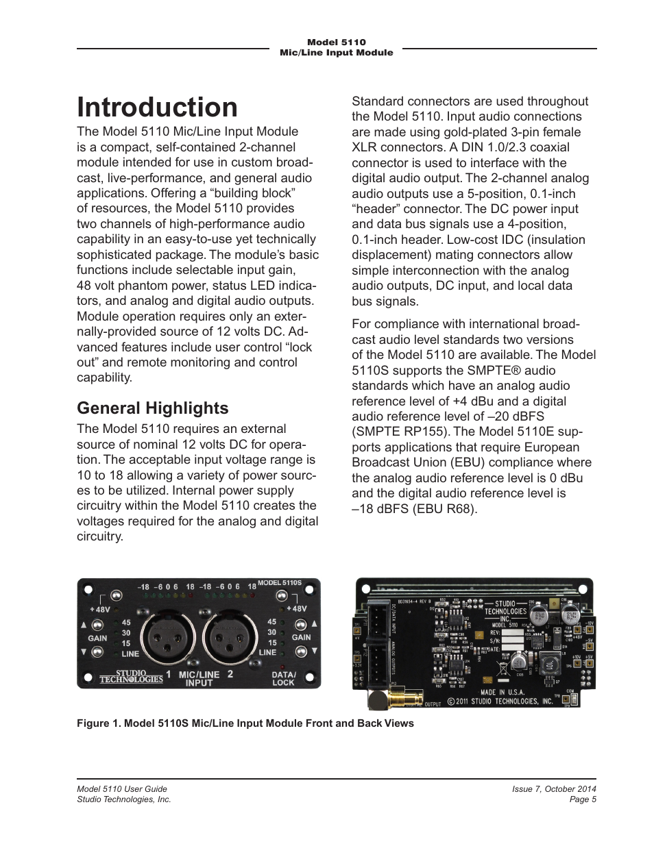 Introduction, General highlights | Studio Technologies 5110 V.3.2 User Manual | Page 5 / 17