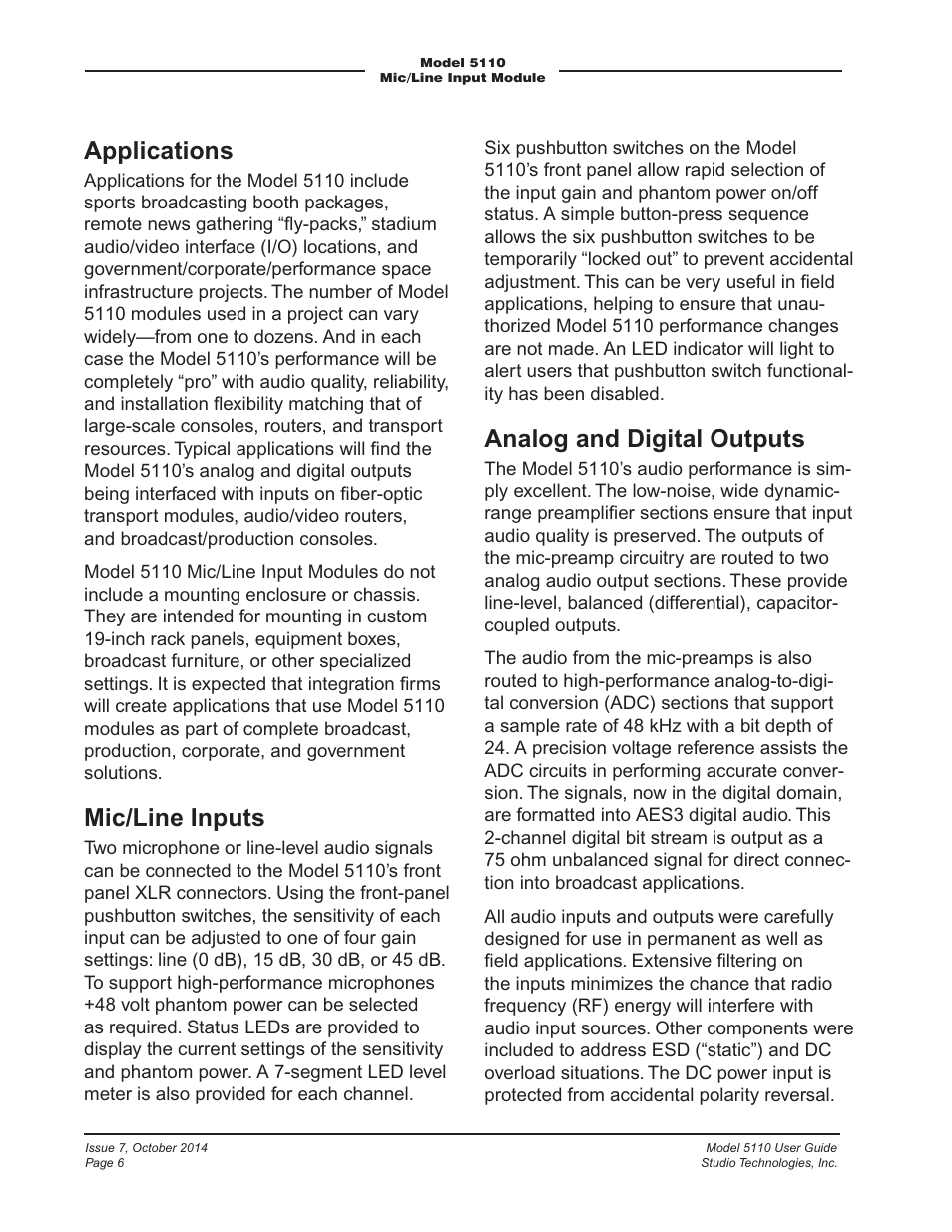 Applications, Mic/line inputs, Analog and digital outputs | Studio Technologies 5110 V.3.2 User Manual | Page 6 / 17