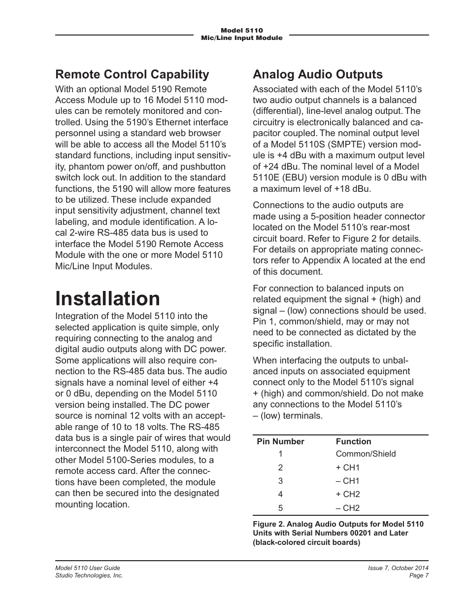 Installation, Remote control capability, Analog audio outputs | Studio Technologies 5110 V.3.2 User Manual | Page 7 / 17