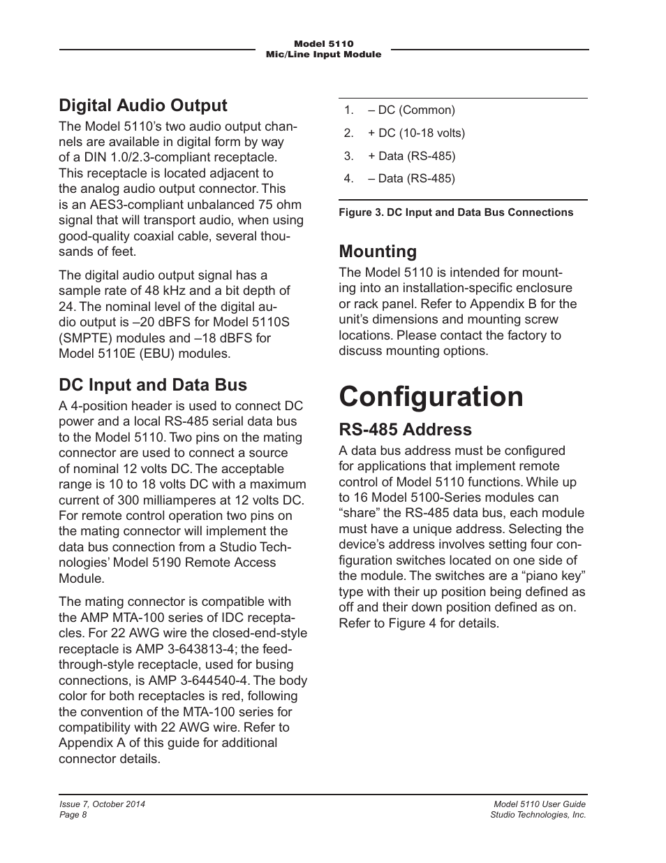 Conﬁguration, Digital audio output, Dc input and data bus | Mounting, Rs-485 address | Studio Technologies 5110 V.3.2 User Manual | Page 8 / 17