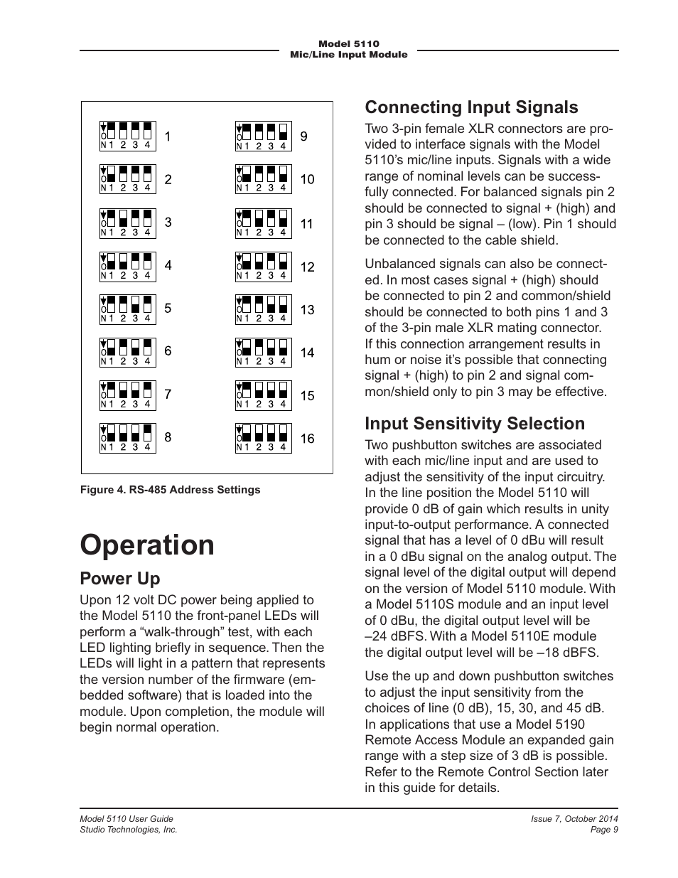 Operation, Power up, Connecting input signals | Input sensitivity selection | Studio Technologies 5110 V.3.2 User Manual | Page 9 / 17