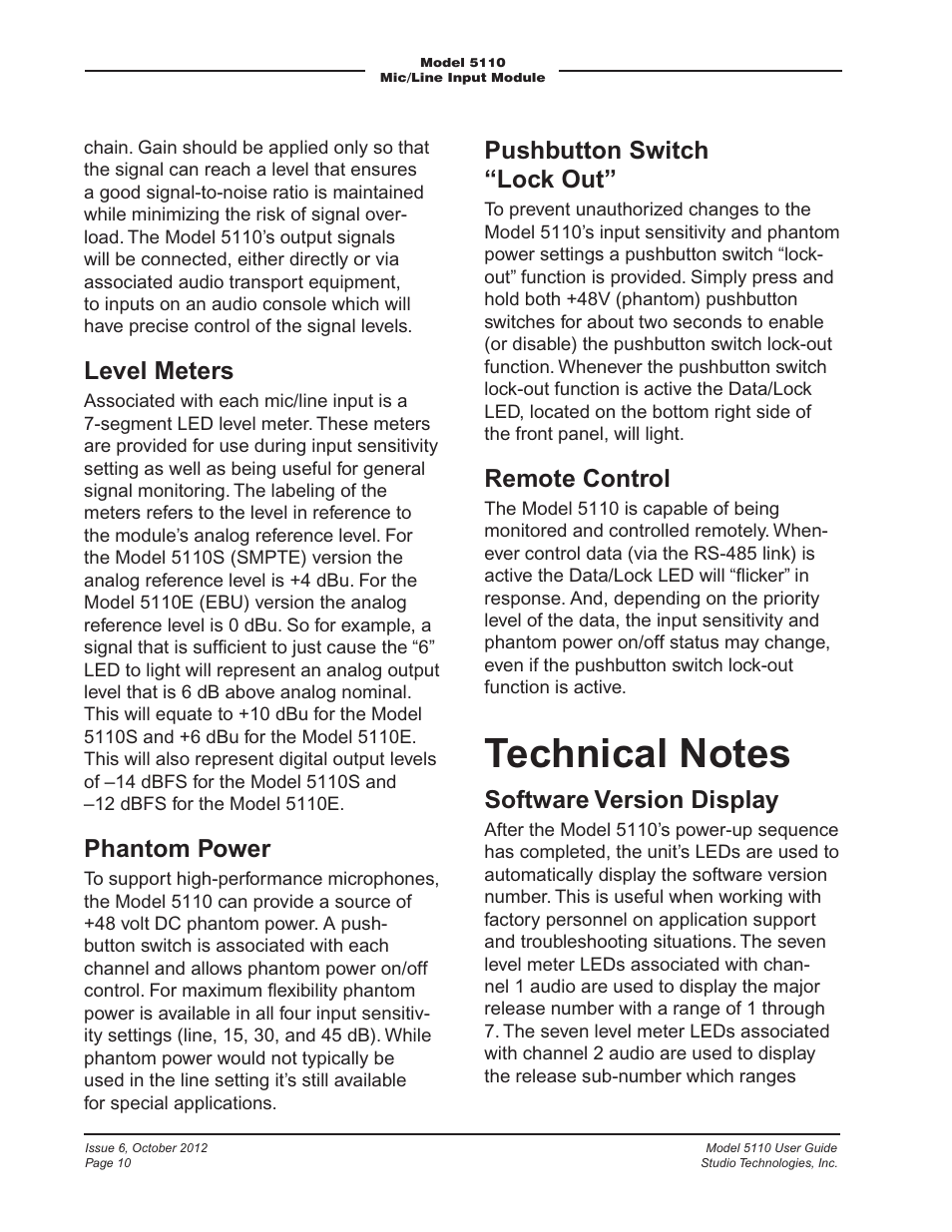 Level meters, Phantom power, Pushbutton switch “lock out | Remote control, Software version display | Studio Technologies 5110 V.3.0 User Manual | Page 10 / 15