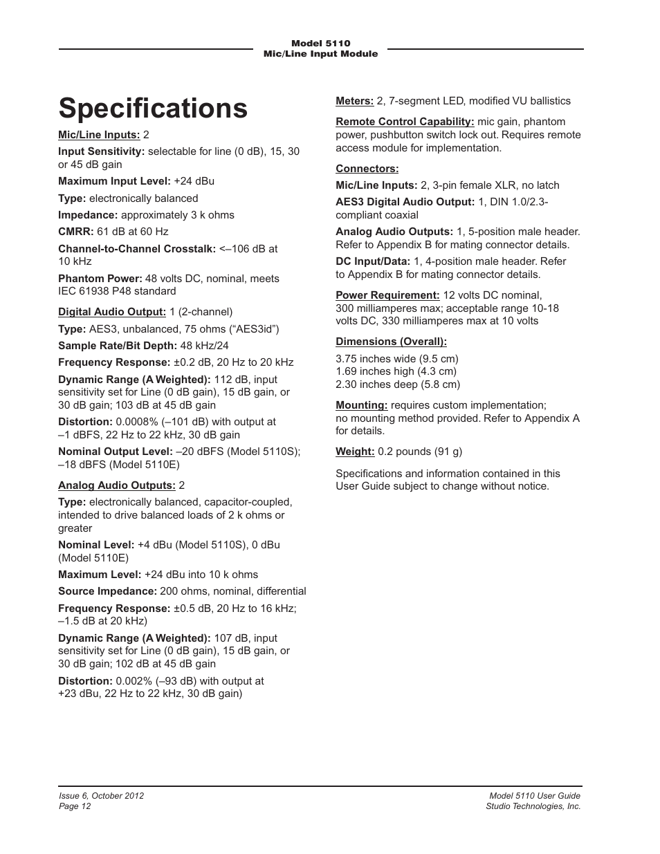 Speciﬁcations | Studio Technologies 5110 V.3.0 User Manual | Page 12 / 15