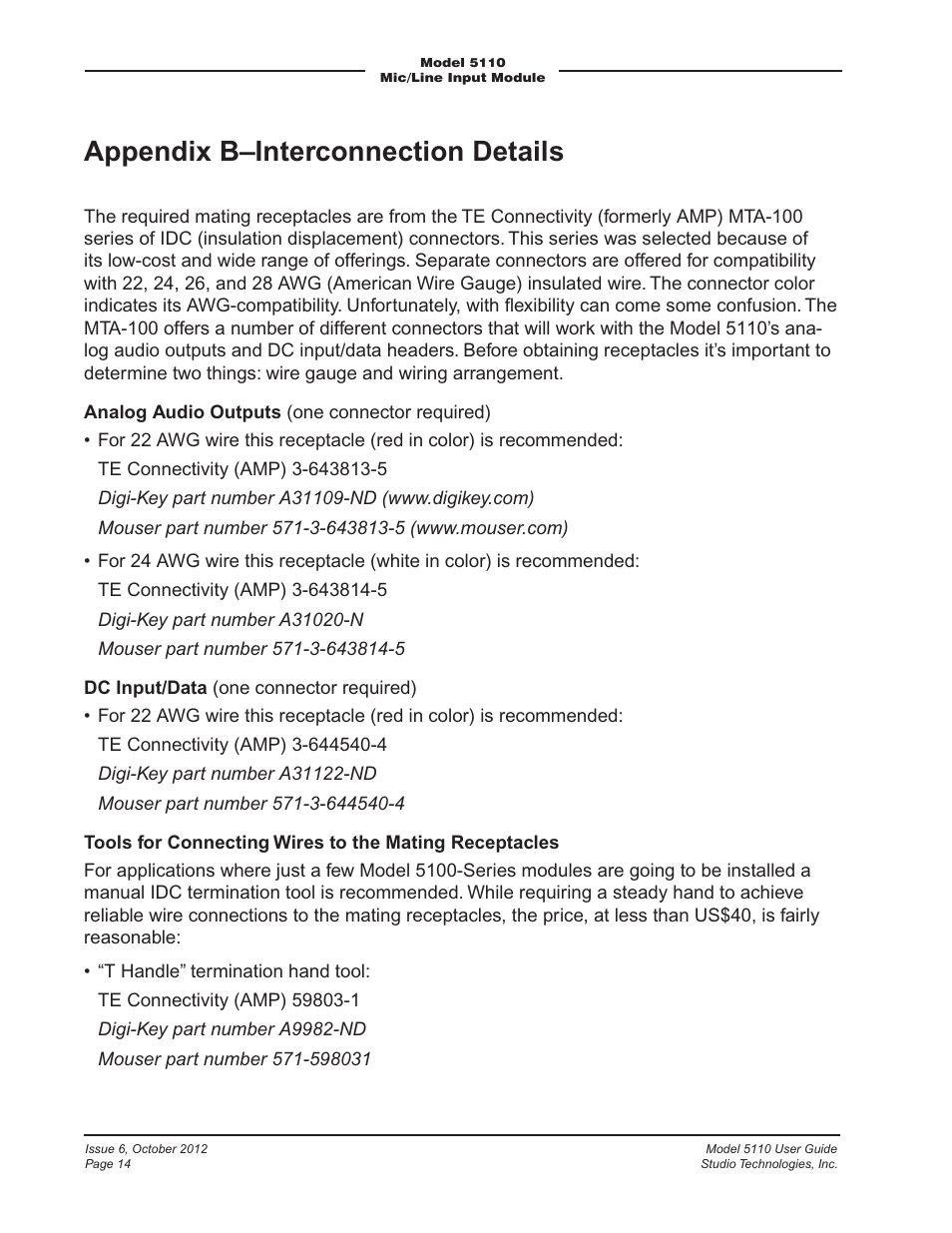 Appendix b–interconnection details | Studio Technologies 5110 V.3.0 User Manual | Page 14 / 15