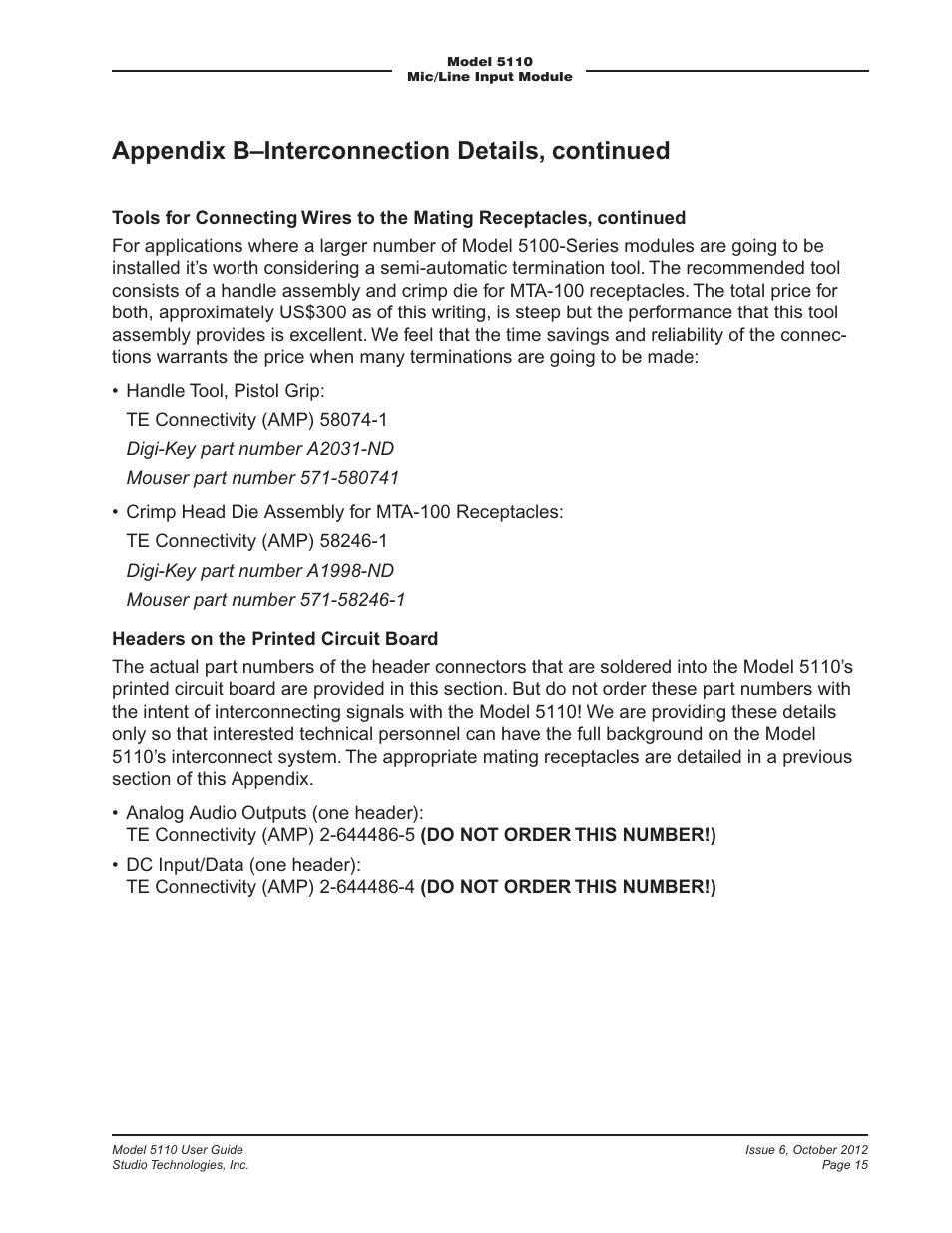 Appendix b–interconnection details, continued | Studio Technologies 5110 V.3.0 User Manual | Page 15 / 15