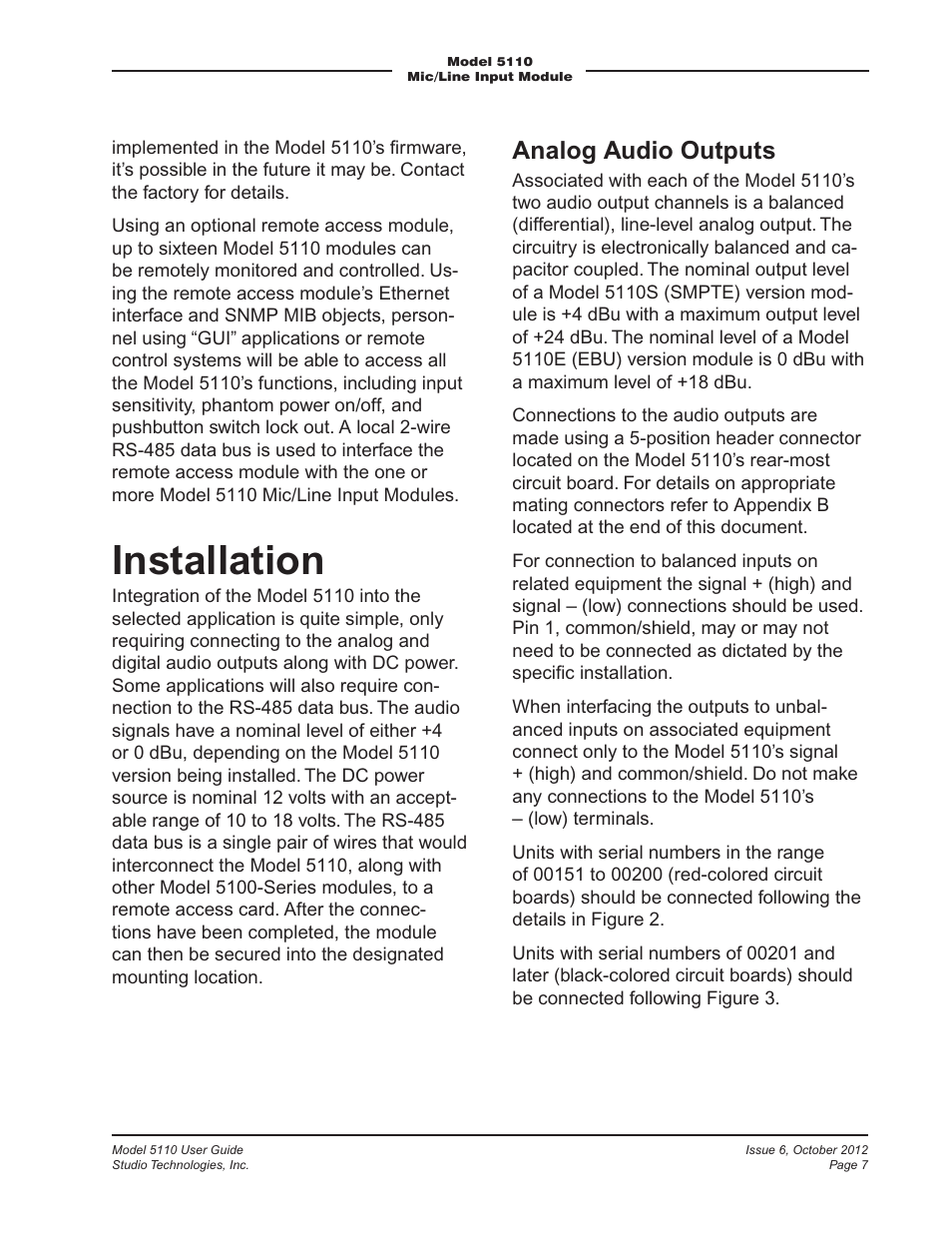 Installation, Analog audio outputs | Studio Technologies 5110 V.3.0 User Manual | Page 7 / 15