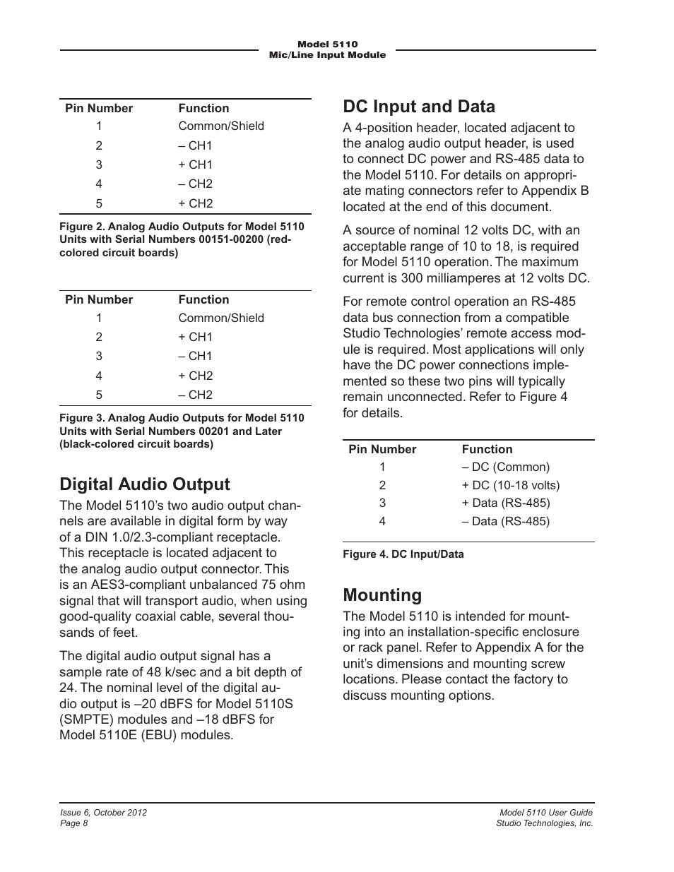 Dc input and data, Digital audio output, Mounting | Studio Technologies 5110 V.3.0 User Manual | Page 8 / 15