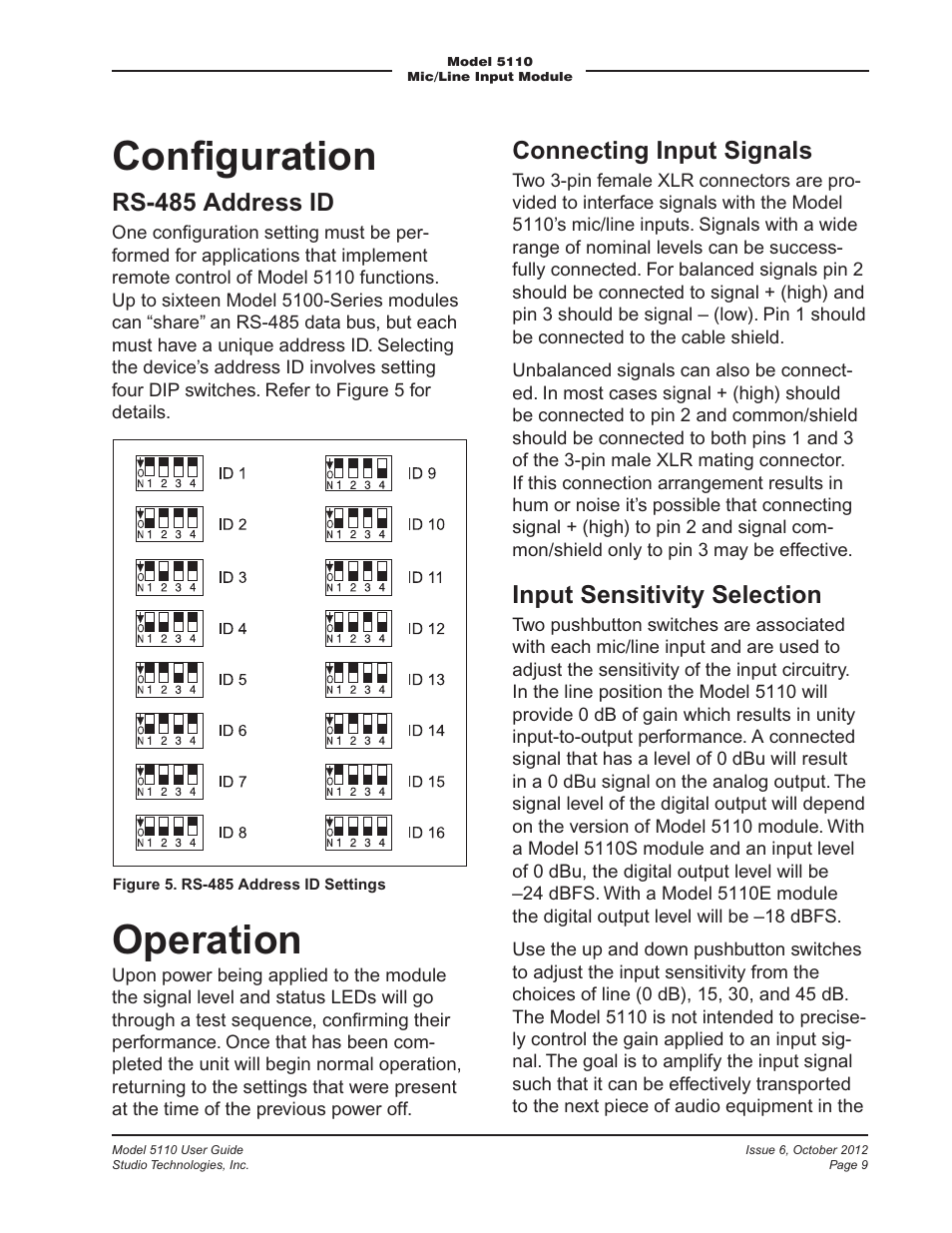 Conﬁguration, Operation, Rs-485 address id | Connecting input signals, Input sensitivity selection | Studio Technologies 5110 V.3.0 User Manual | Page 9 / 15