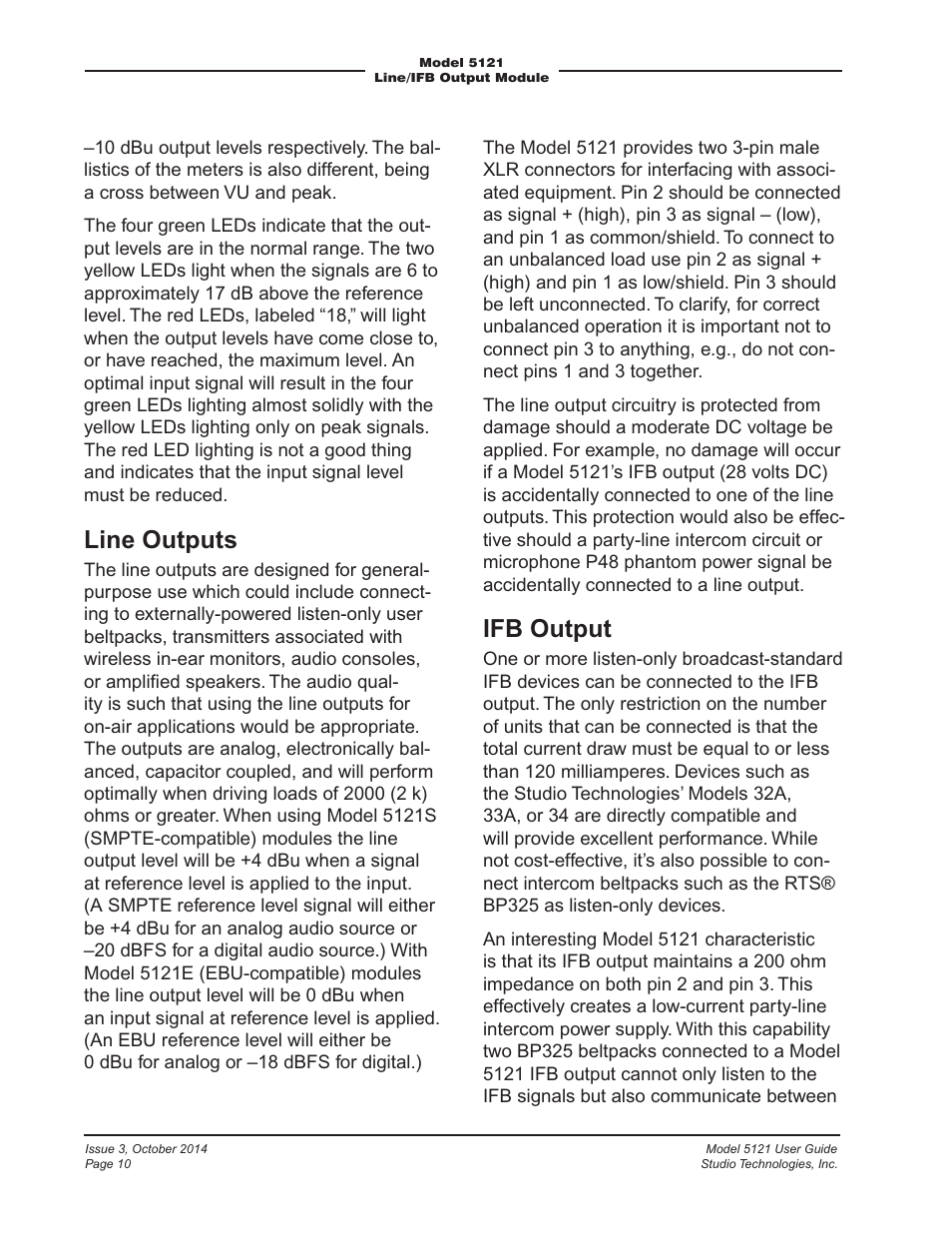 Line outputs, Ifb output | Studio Technologies 5121 User Manual | Page 10 / 19