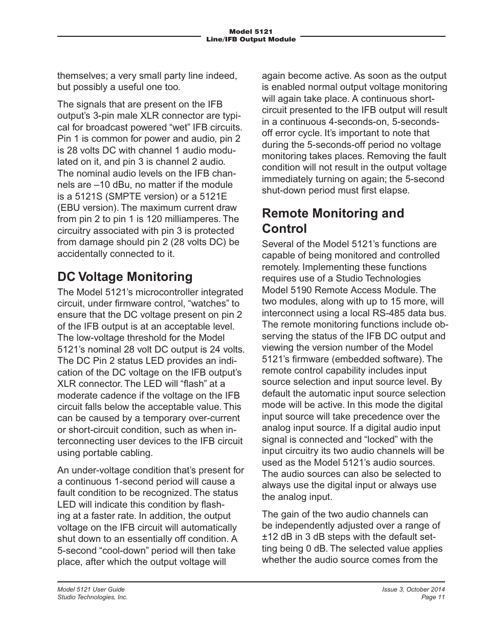 Dc voltage monitoring, Remote monitoring and control | Studio Technologies 5121 User Manual | Page 11 / 19