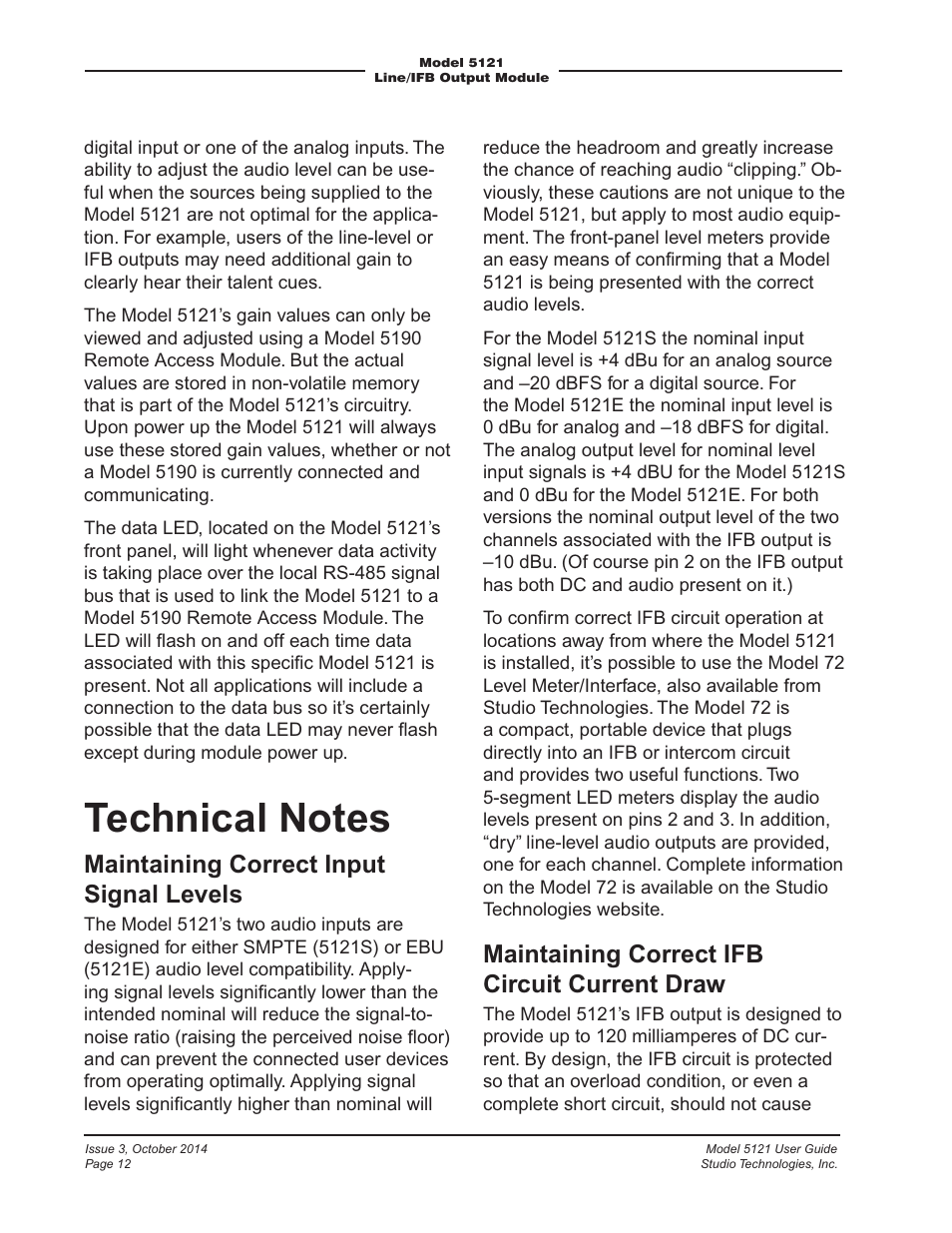 Maintaining correct input signal levels, Maintaining correct ifb circuit current draw | Studio Technologies 5121 User Manual | Page 12 / 19