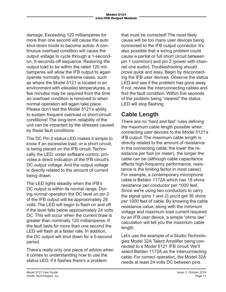 Cable length | Studio Technologies 5121 User Manual | Page 13 / 19
