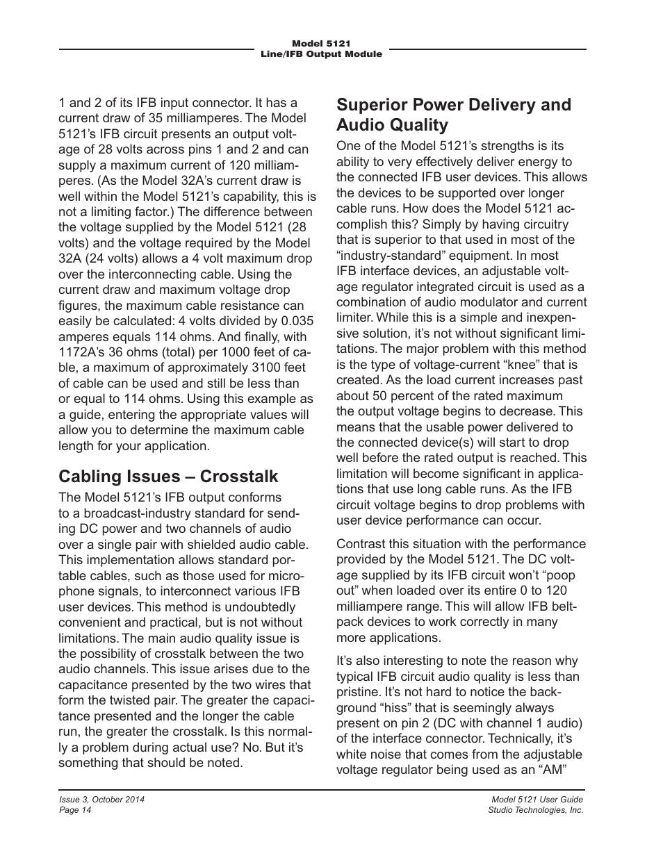 Cabling issues – crosstalk, Superior power delivery and audio quality | Studio Technologies 5121 User Manual | Page 14 / 19