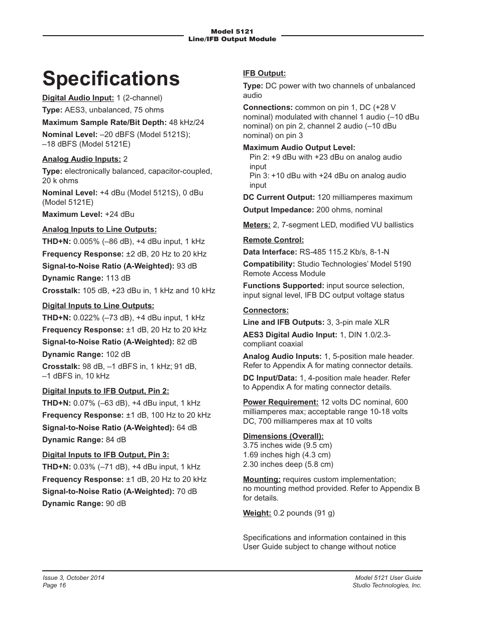 Speciﬁcations | Studio Technologies 5121 User Manual | Page 16 / 19
