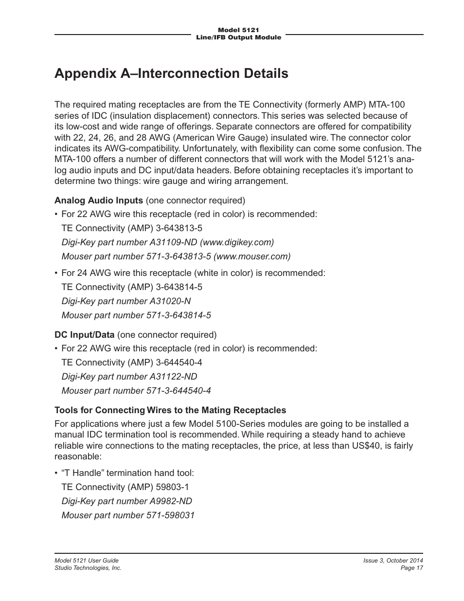 Appendix a–interconnection details | Studio Technologies 5121 User Manual | Page 17 / 19