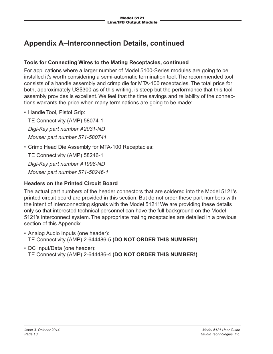 Appendix a–interconnection details, continued | Studio Technologies 5121 User Manual | Page 18 / 19