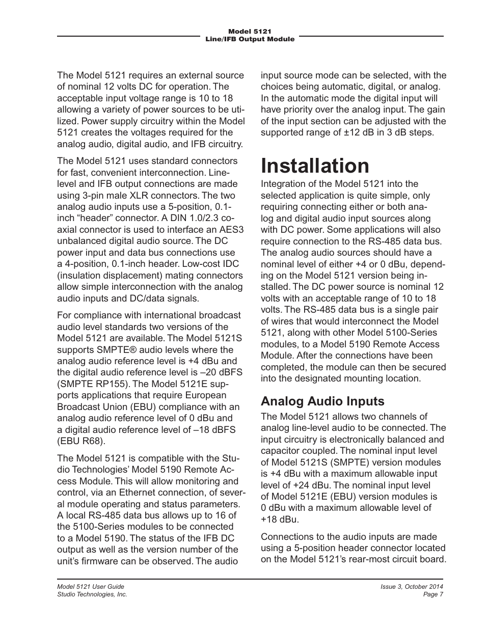 Installation, Analog audio inputs | Studio Technologies 5121 User Manual | Page 7 / 19
