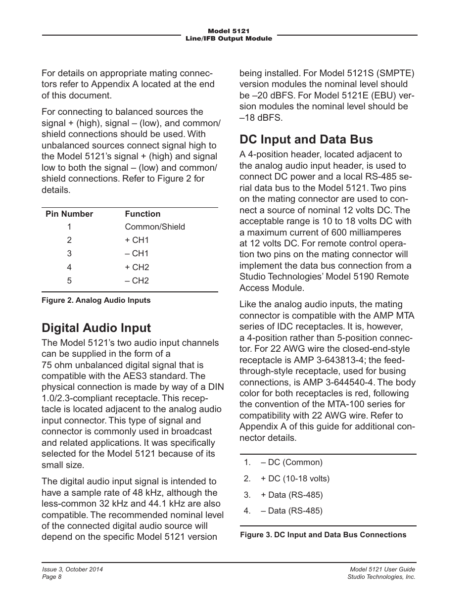 Dc input and data bus, Digital audio input | Studio Technologies 5121 User Manual | Page 8 / 19