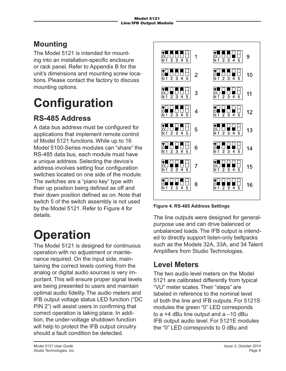 Conﬁguration, Operation, Level meters | Mounting, Rs-485 address | Studio Technologies 5121 User Manual | Page 9 / 19