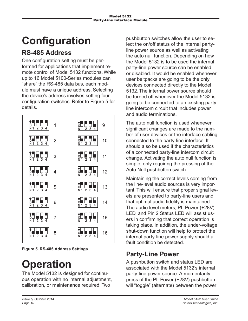 Conﬁguration, Operation, Rs-485 address | Party-line power | Studio Technologies 5132 2014 User Manual | Page 10 / 23