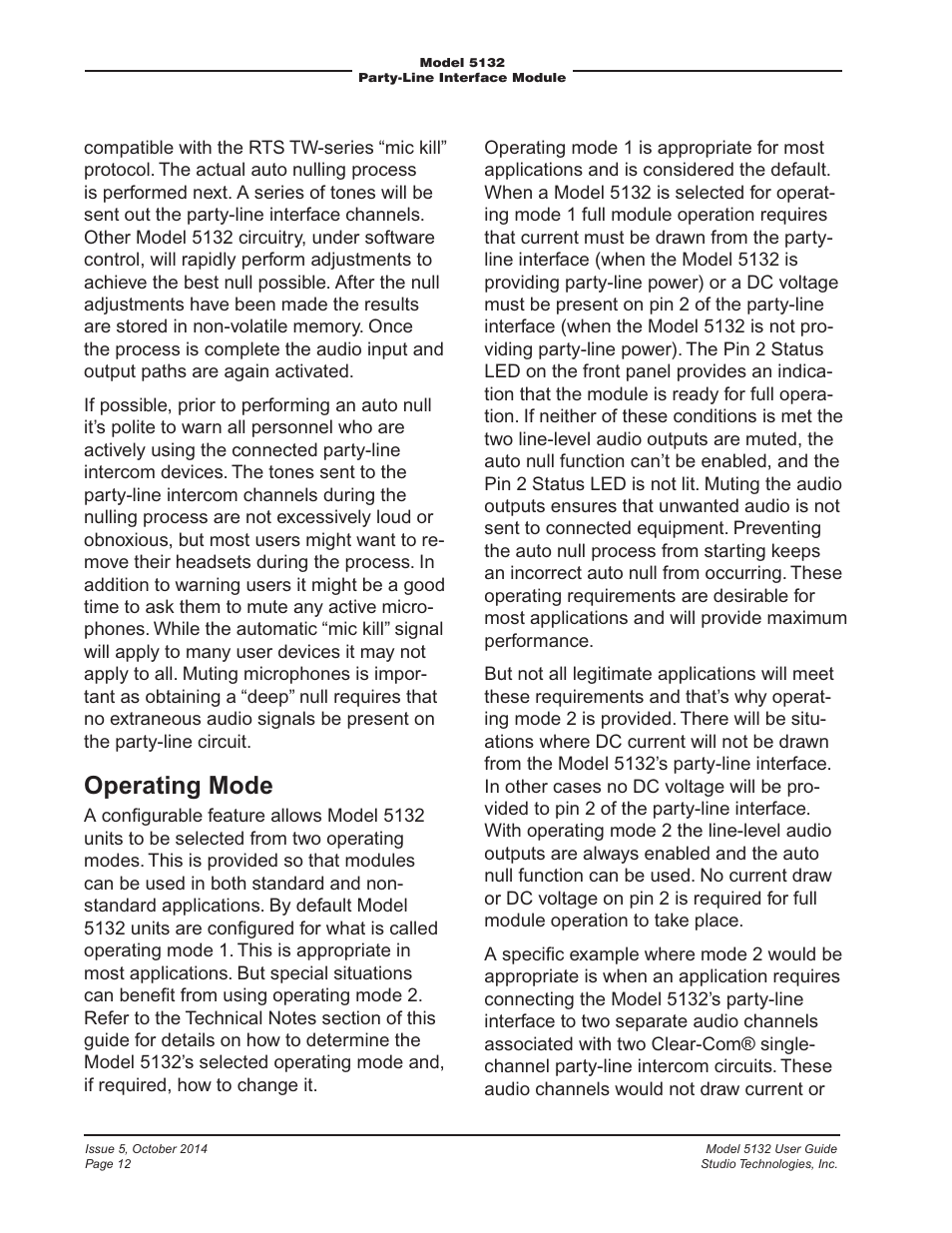 Operating mode | Studio Technologies 5132 2014 User Manual | Page 12 / 23