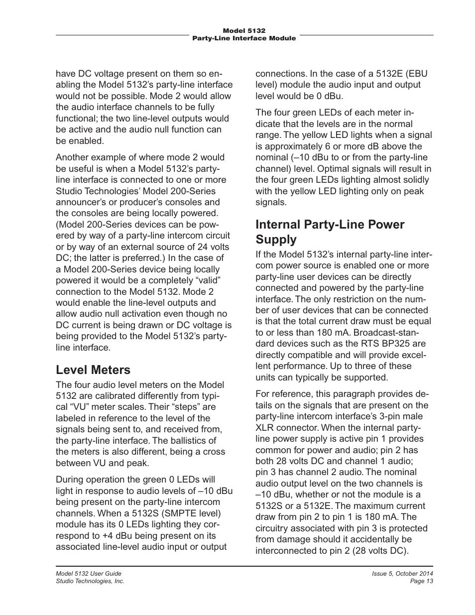 Level meters, Internal party-line power supply | Studio Technologies 5132 2014 User Manual | Page 13 / 23