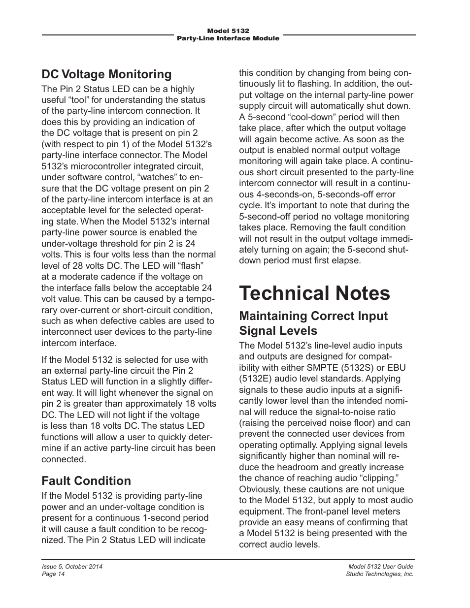Dc voltage monitoring, Fault condition, Maintaining correct input signal levels | Studio Technologies 5132 2014 User Manual | Page 14 / 23