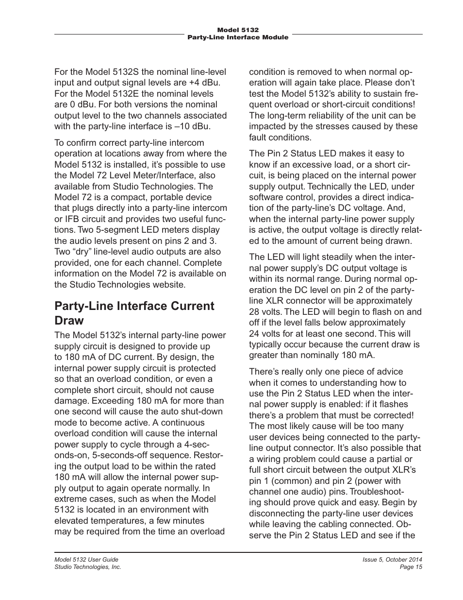 Party-line interface current draw | Studio Technologies 5132 2014 User Manual | Page 15 / 23