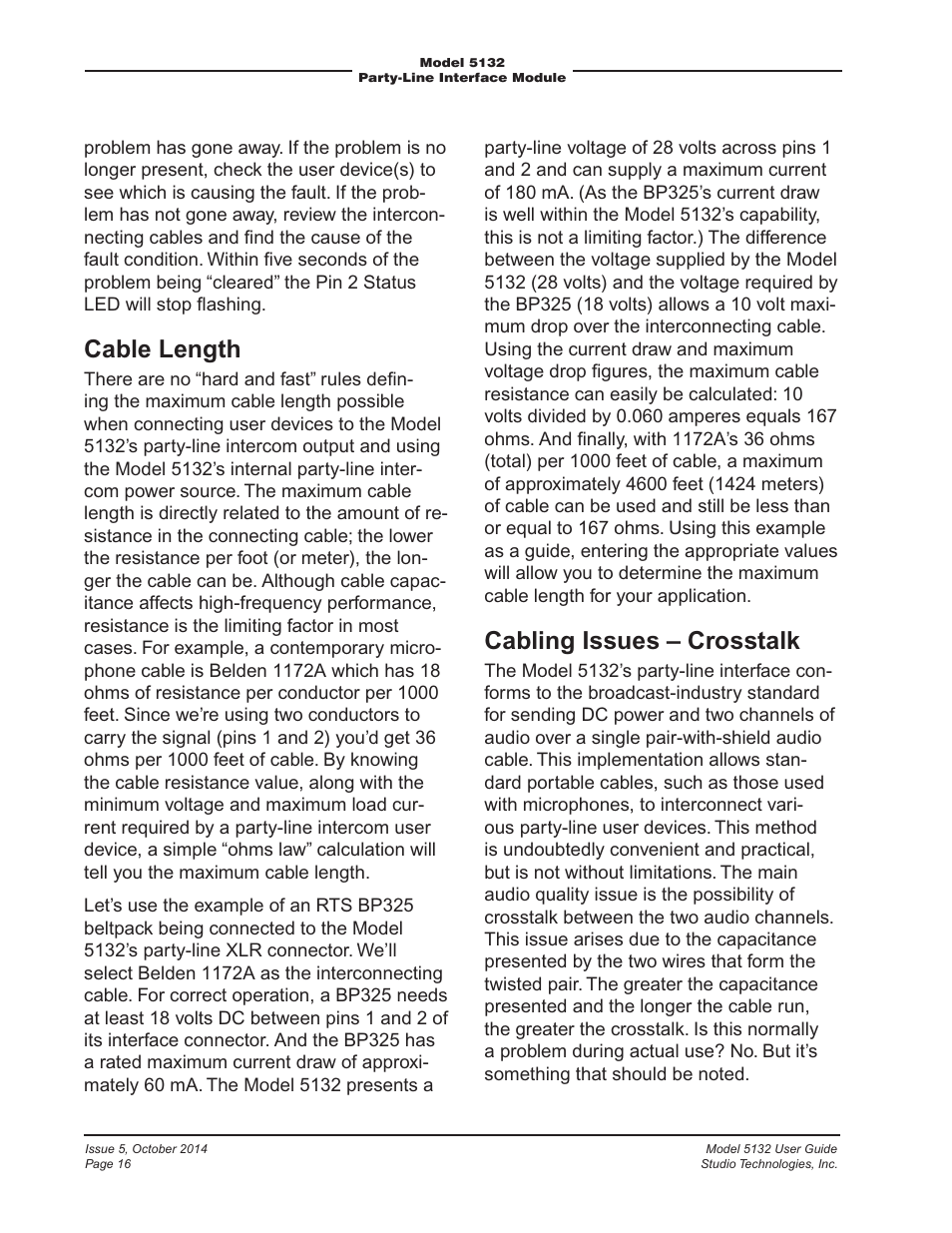 Cable length, Cabling issues – crosstalk | Studio Technologies 5132 2014 User Manual | Page 16 / 23