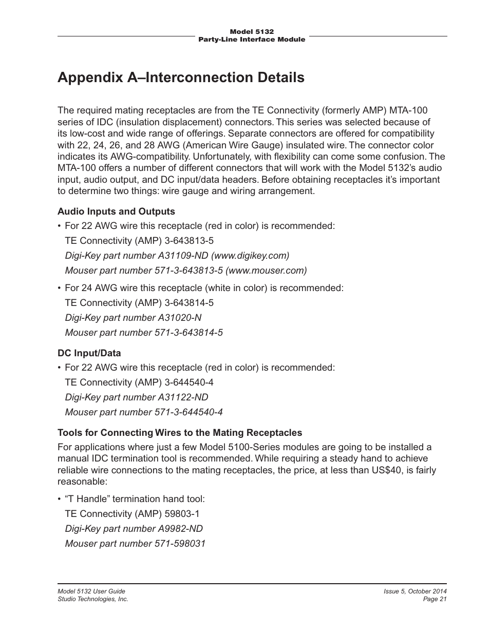 Appendix a–interconnection details | Studio Technologies 5132 2014 User Manual | Page 21 / 23