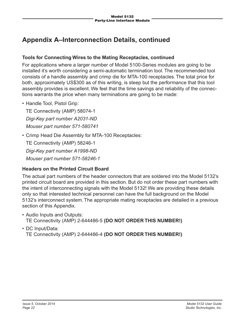 Appendix a–interconnection details, continued | Studio Technologies 5132 2014 User Manual | Page 22 / 23