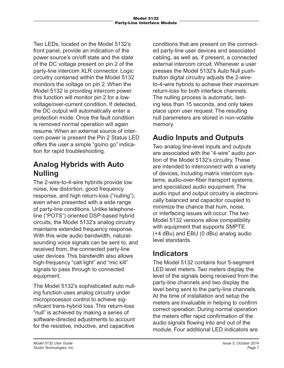 Analog hybrids with auto nulling, Audio inputs and outputs, Indicators | Studio Technologies 5132 2014 User Manual | Page 7 / 23