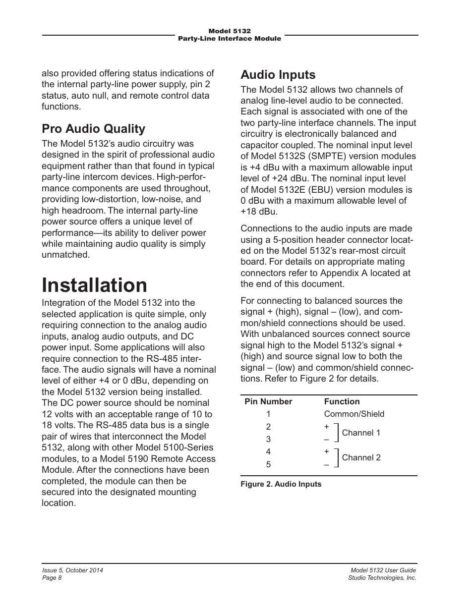 Installation, Pro audio quality, Audio inputs | Studio Technologies 5132 2014 User Manual | Page 8 / 23