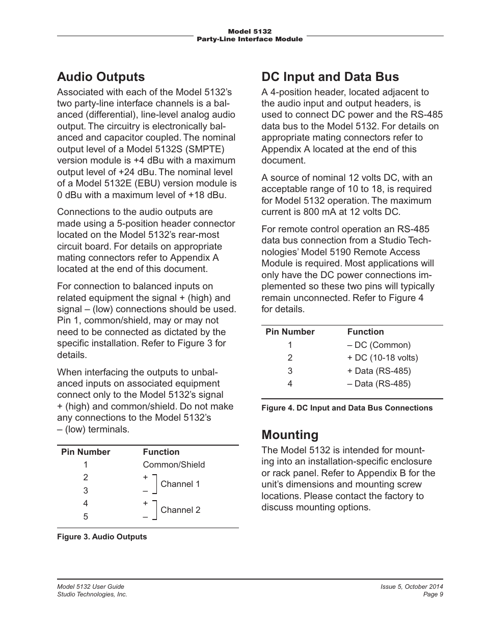 Audio outputs, Dc input and data bus, Mounting | Studio Technologies 5132 2014 User Manual | Page 9 / 23