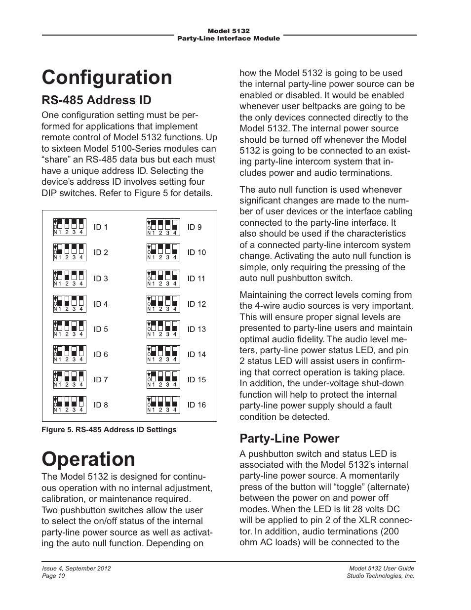 Conﬁguration, Operation, Rs-485 address id | Party-line power | Studio Technologies 5132 2012 User Manual | Page 10 / 21