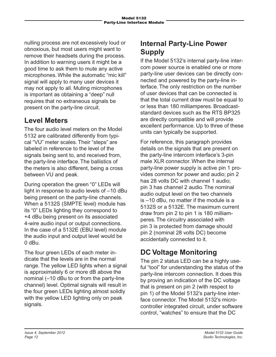 Level meters, Internal party-line power supply, Dc voltage monitoring | Studio Technologies 5132 2012 User Manual | Page 12 / 21