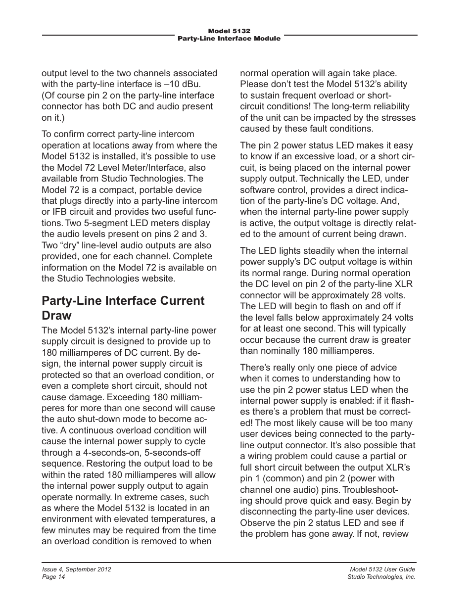 Party-line interface current draw | Studio Technologies 5132 2012 User Manual | Page 14 / 21