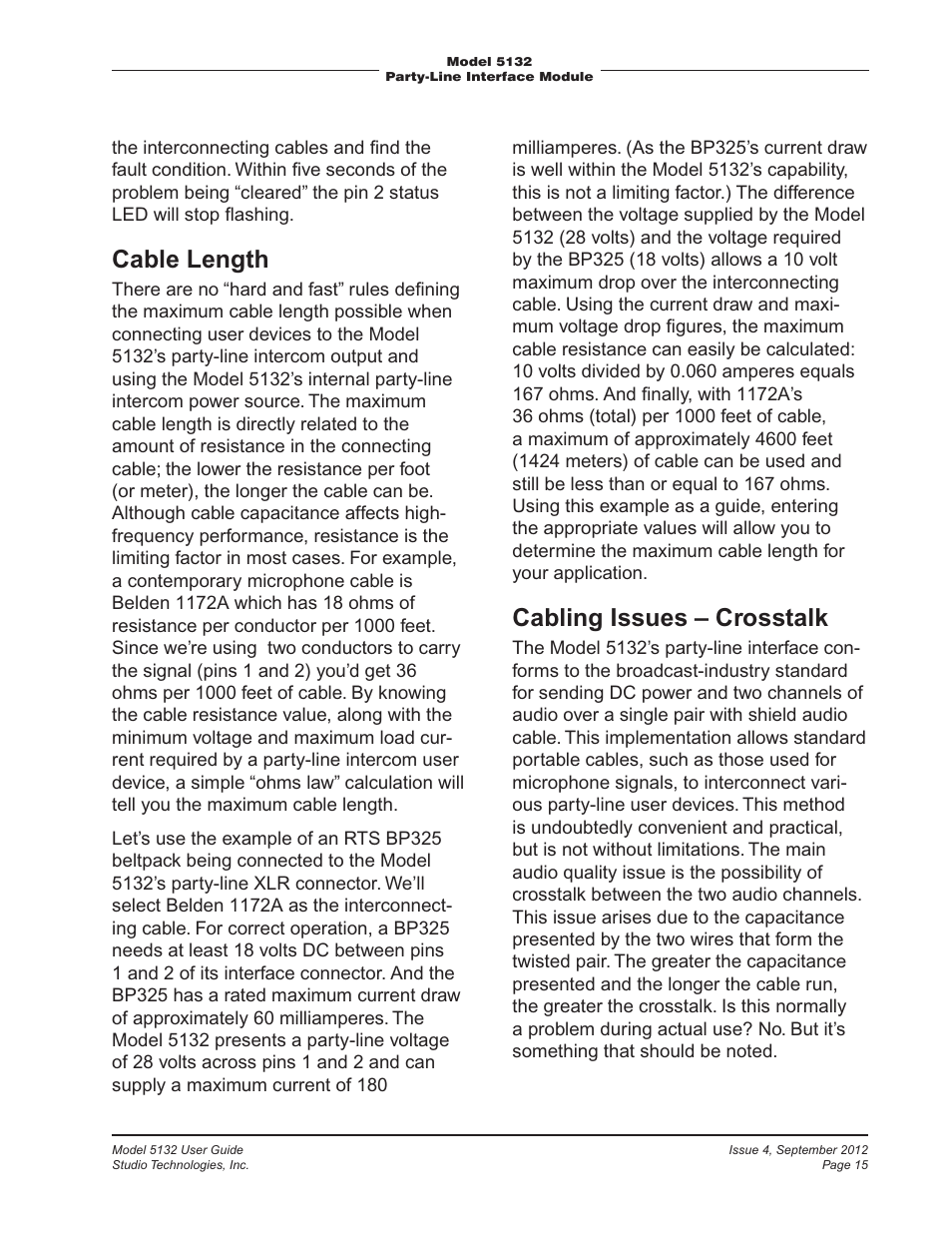 Cable length, Cabling issues – crosstalk | Studio Technologies 5132 2012 User Manual | Page 15 / 21