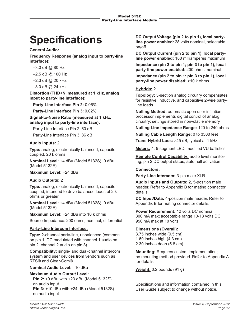 Speciﬁcations | Studio Technologies 5132 2012 User Manual | Page 17 / 21