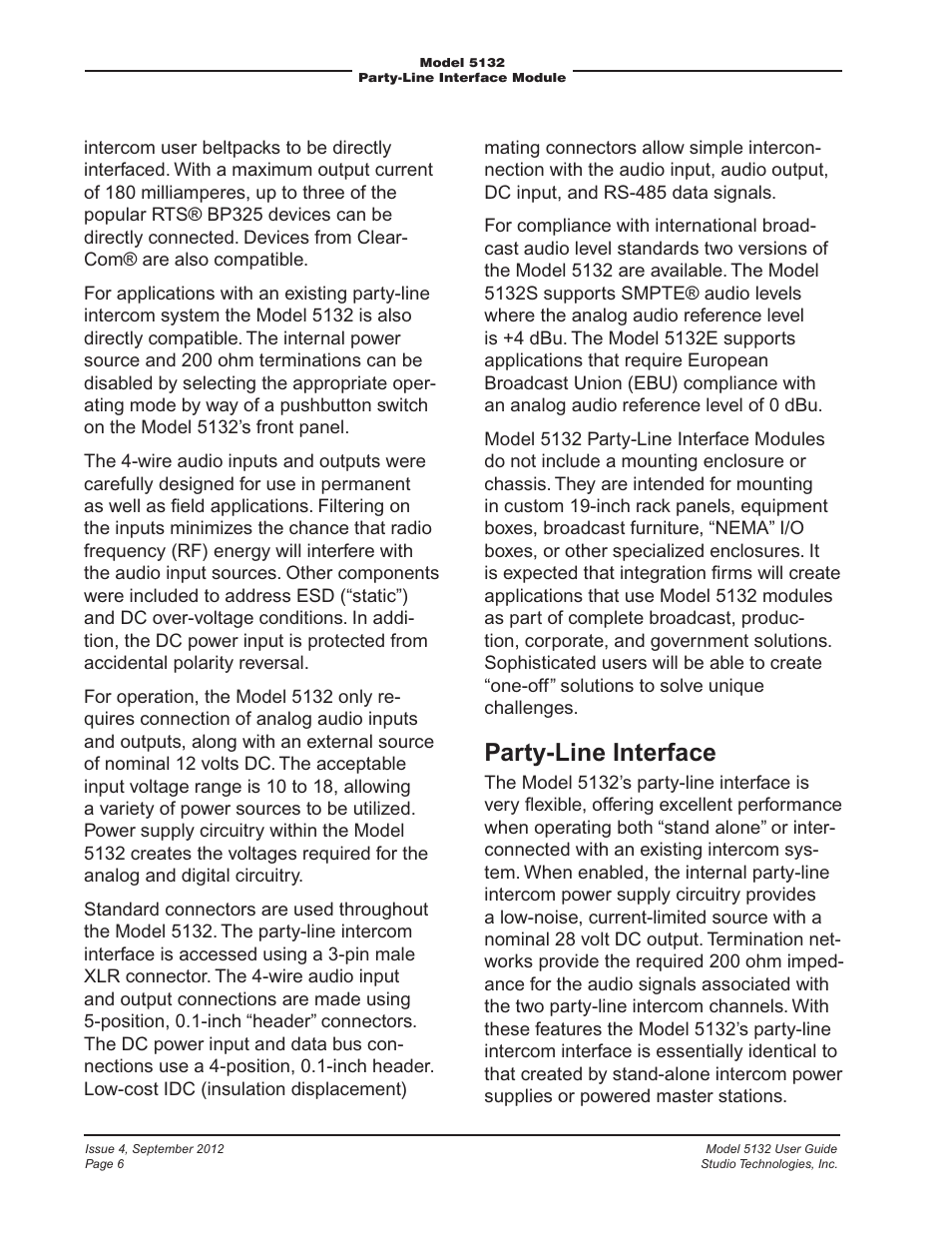 Party-line interface | Studio Technologies 5132 2012 User Manual | Page 6 / 21