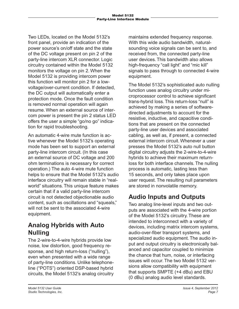 Analog hybrids with auto nulling, Audio inputs and outputs | Studio Technologies 5132 2012 User Manual | Page 7 / 21