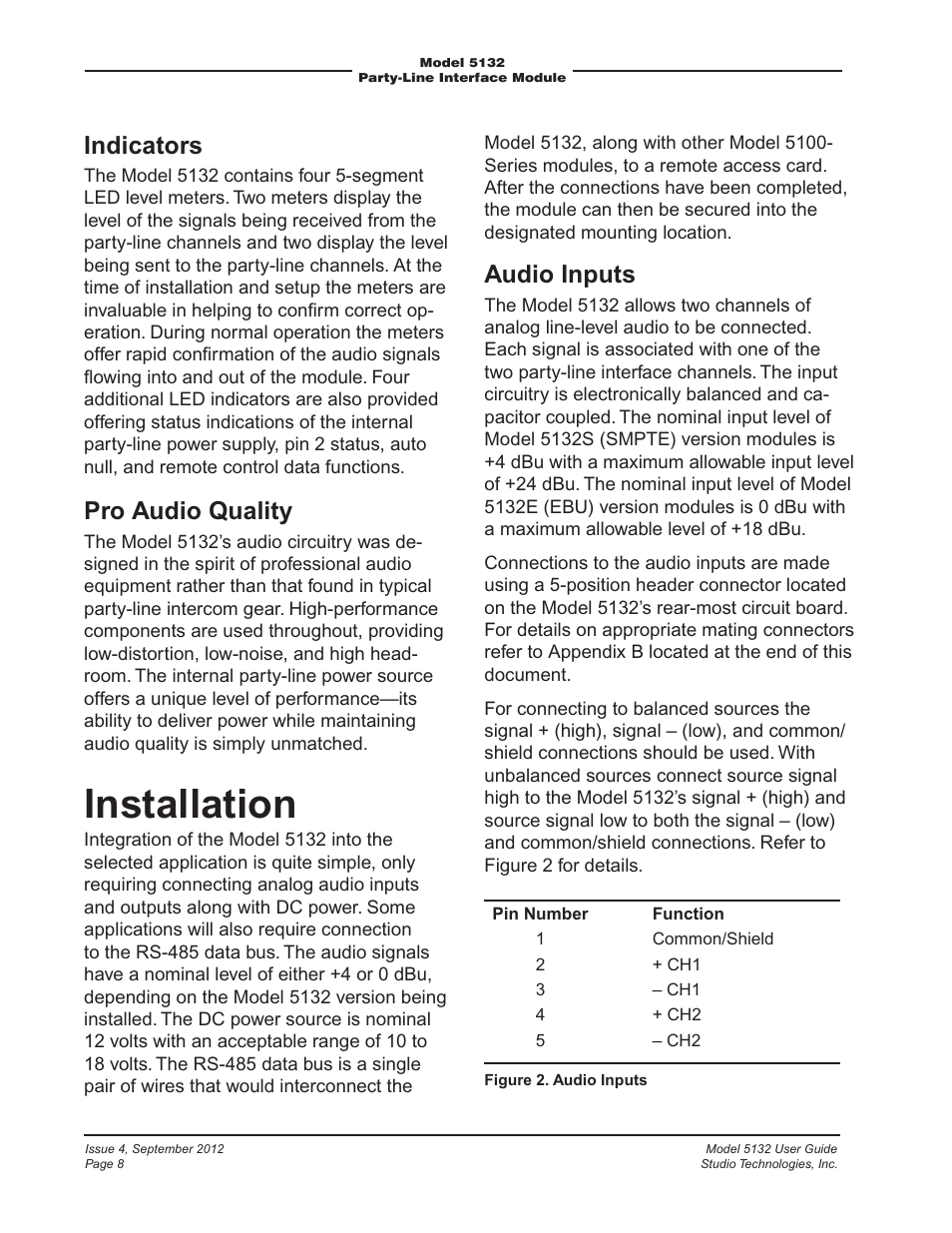 Installation, Indicators, Pro audio quality | Audio inputs | Studio Technologies 5132 2012 User Manual | Page 8 / 21