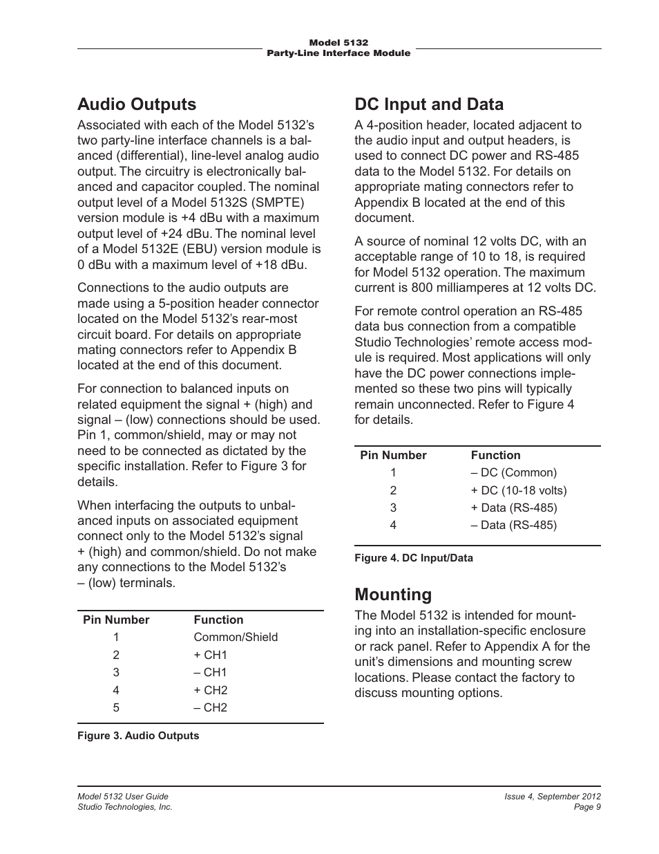 Audio outputs, Dc input and data, Mounting | Studio Technologies 5132 2012 User Manual | Page 9 / 21
