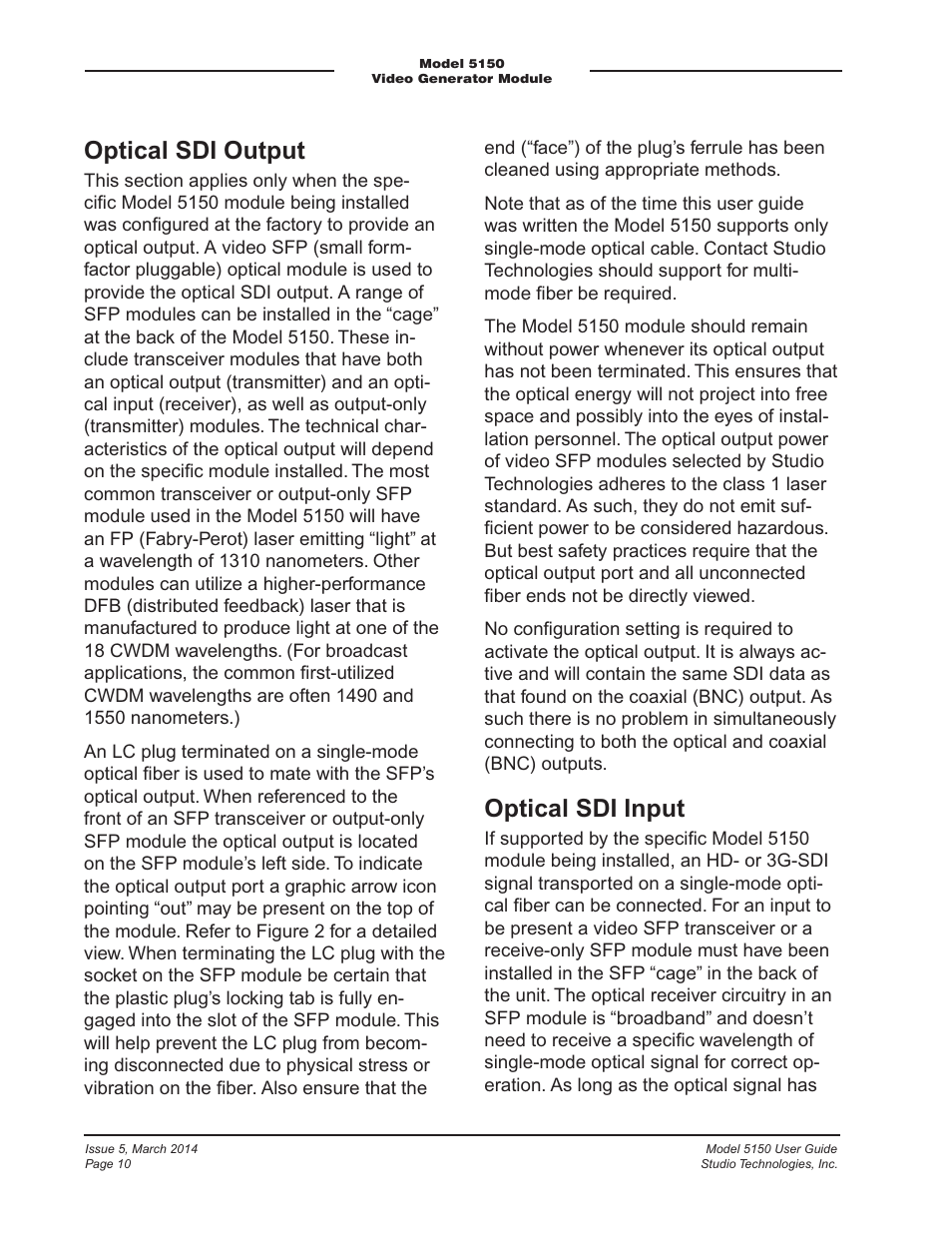 Optical sdi output, Optical sdi input | Studio Technologies 5150 V.1 User Manual | Page 10 / 33