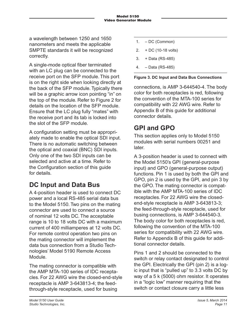 Dc input and data bus, Gpi and gpo | Studio Technologies 5150 V.1 User Manual | Page 11 / 33