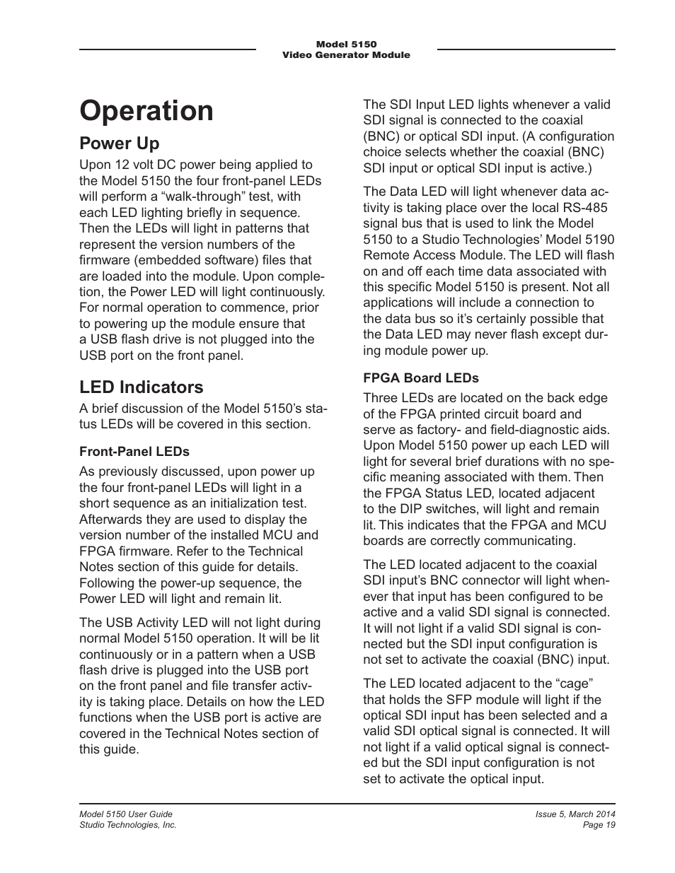 Operation, Power up, Led indicators | Studio Technologies 5150 V.1 User Manual | Page 19 / 33