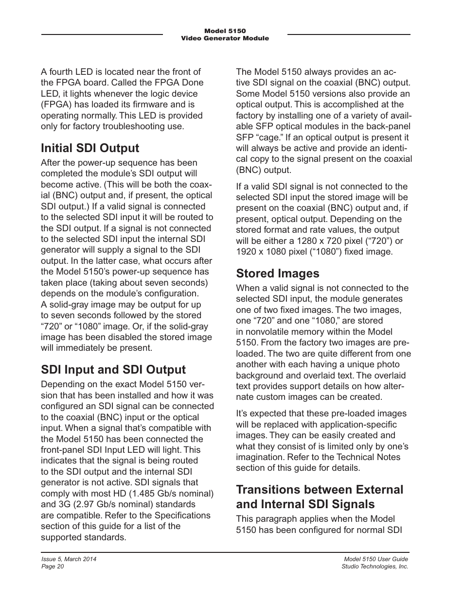 Initial sdi output, Sdi input and sdi output, Stored images | Studio Technologies 5150 V.1 User Manual | Page 20 / 33