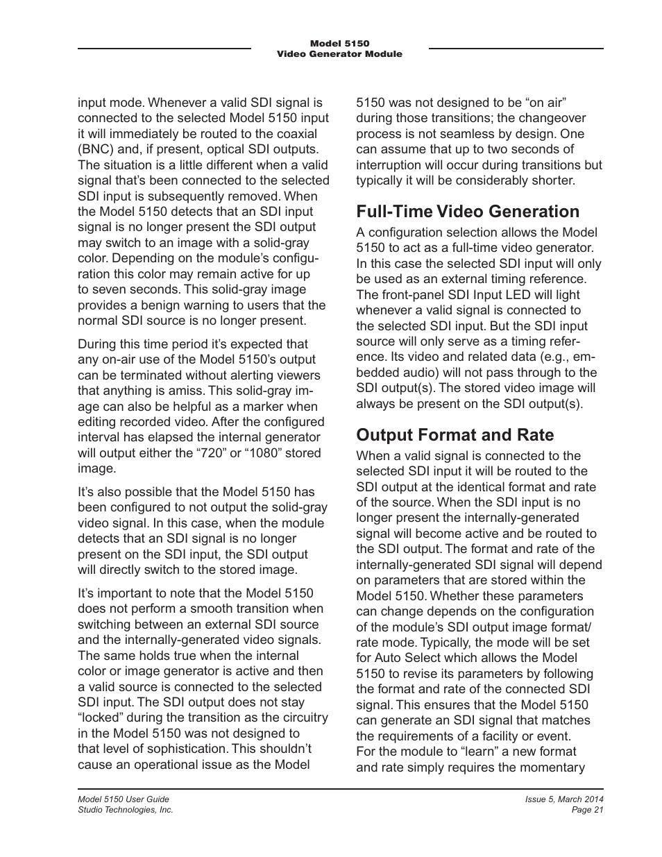 Full-time video generation, Output format and rate | Studio Technologies 5150 V.1 User Manual | Page 21 / 33