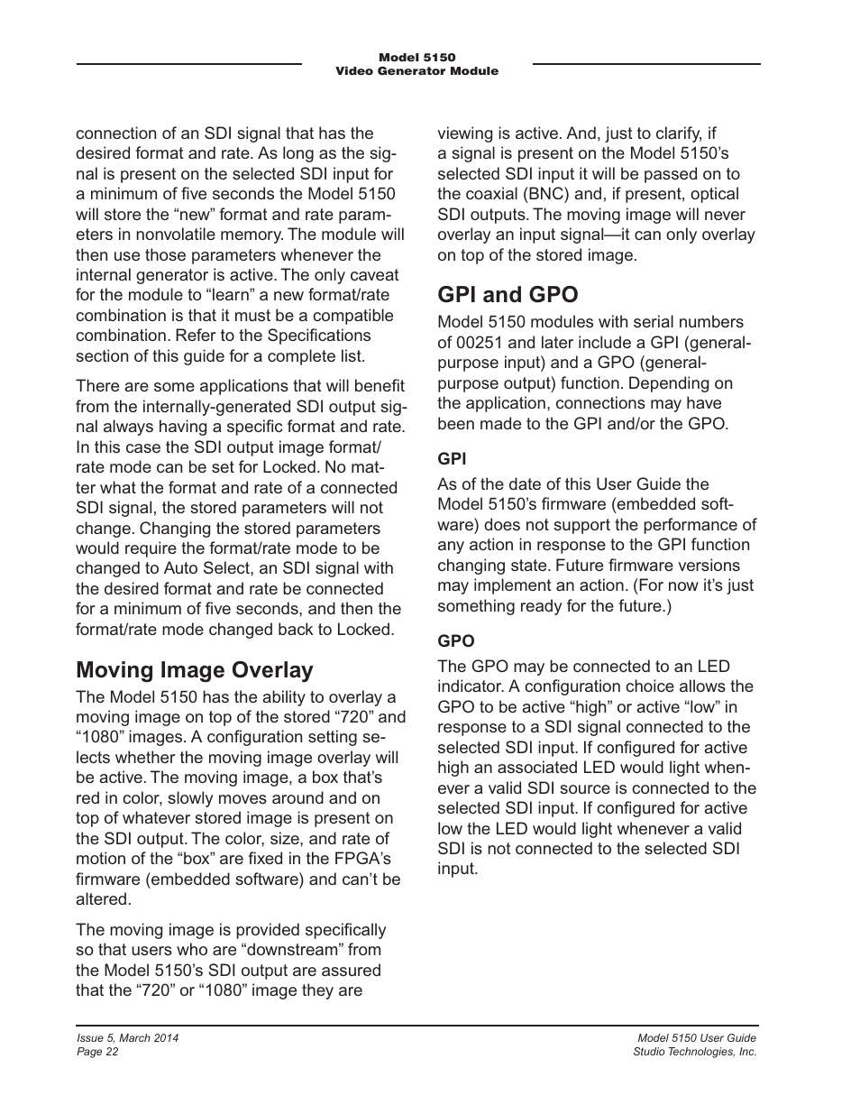 Moving image overlay, Gpi and gpo | Studio Technologies 5150 V.1 User Manual | Page 22 / 33